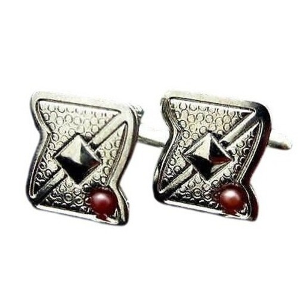 Vintage Textured Design Silver Toned Red Cabochon Cufflinks Men's Jewelry